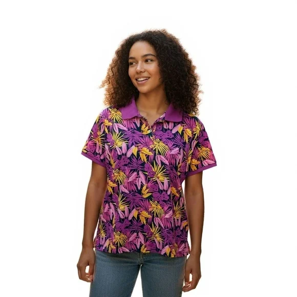 Lands End Womens Cotton Mesh Polo Shirt 2X Fuchsia Tropical Floral Short Sleeve - Picture 1 of 7